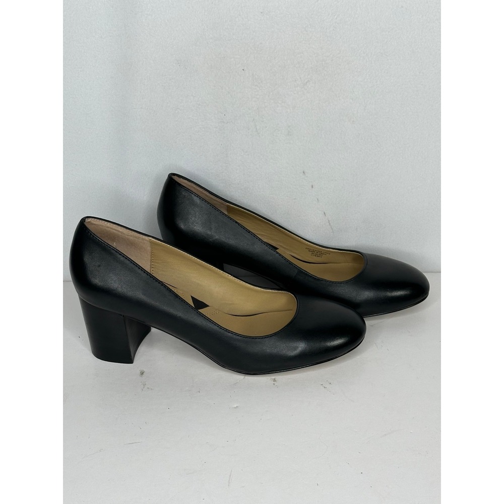 Adrienne Vittadini Womens Black Leather Round Toe Block Heel Pumps Size 9M